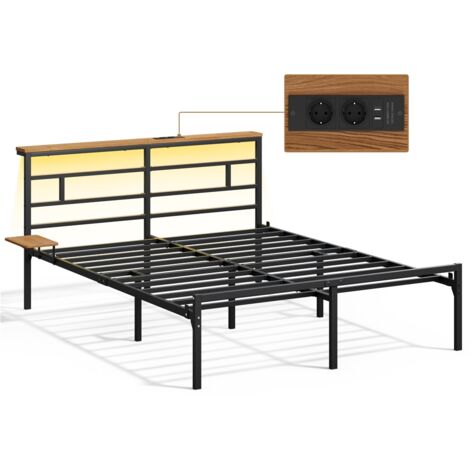 Yaheetech Cadre de Lit Double en Métal 160 × 200 cm avec Tête de Lit LED Station de Charge (2 AC, 2 USB) Étagère de Rangement Support Mobile Capacité 400 kg Noir