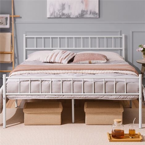 Yaheetech Cadre de Lit Double en Métal 160x200 cm pour Adultes Grande Espace en Lattes Blanc