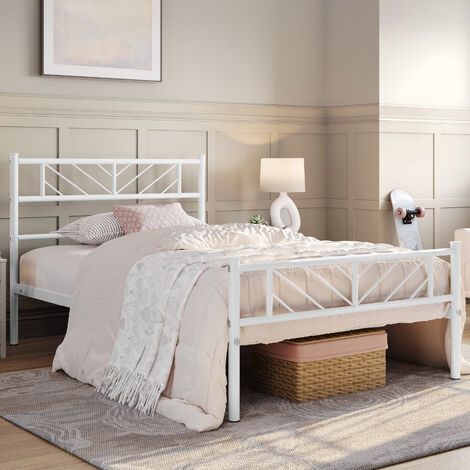 Yaheetech – Cadre de lit en métal 90x190 cm – Design moderne blanc – Capacité 180 kg – Espace de rangement sous le lit – Assemblage rapide