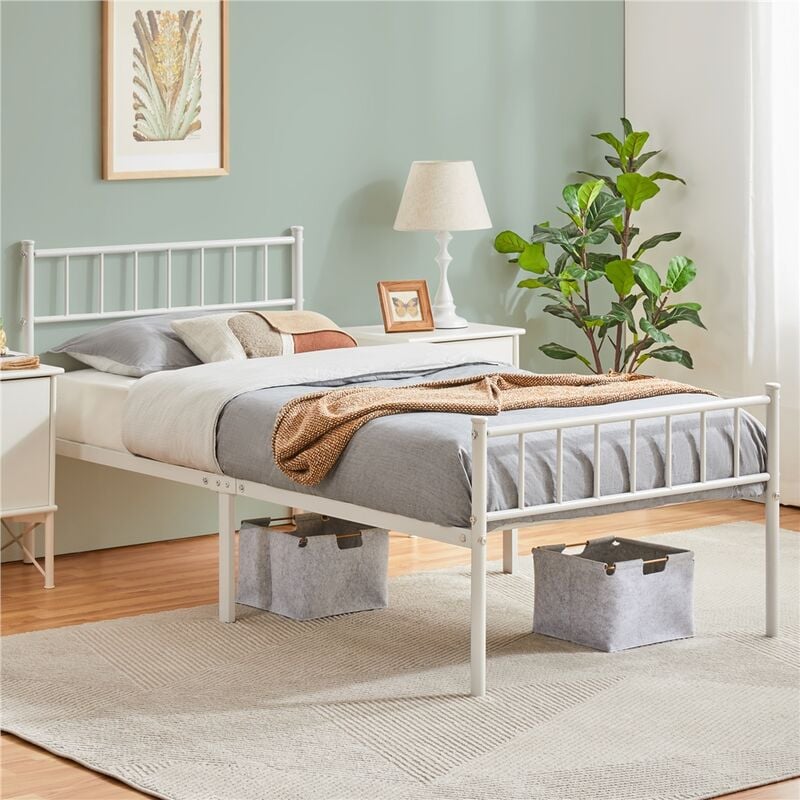 Cadre de lit Simple en métal 90x190 cm pour Adultes Grande Espace en Lattes Blanc - Yaheetech