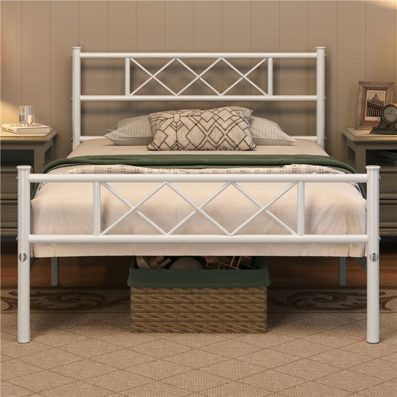 Cadre de Lit en Métal pour Adultes Grande Espace en Lattes Moderne 90x190 cm Blanc - Yaheetech