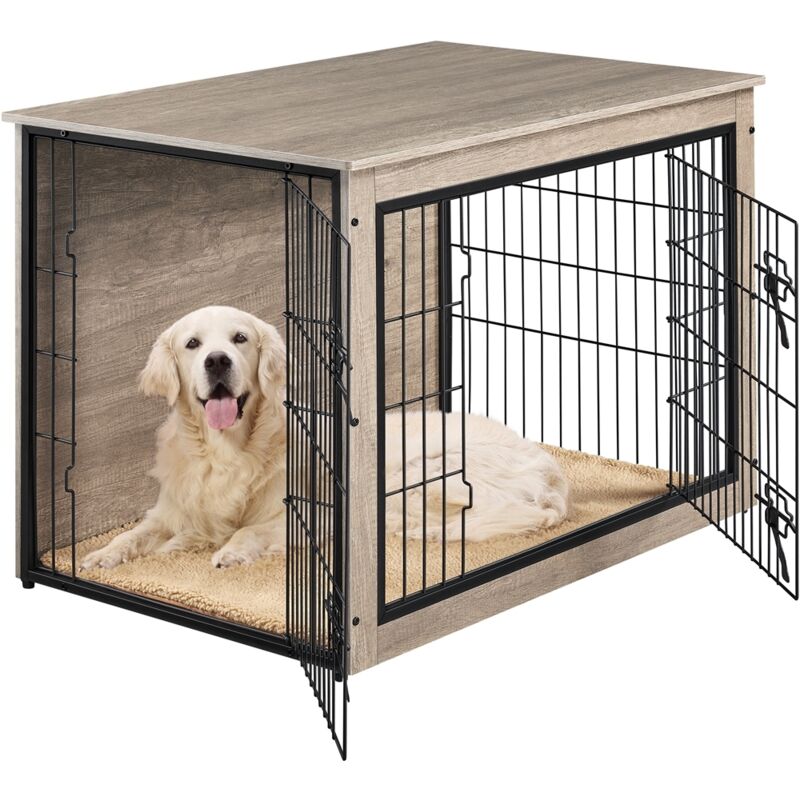 Cage pour Chien en Bois Cage pour Chiots Intérieur avec 2 Portes Grillagées à Double Serrure Niche Industriel avec Tapis Pelucheux Antidérapant 96 cm Cage pour Chien en Bois Cage pour Chiots Intérieur avec 2 Portes Grillagées à Double Serrure Niche Industriel avec Tapis Pelucheux Antidérapant 96 cm