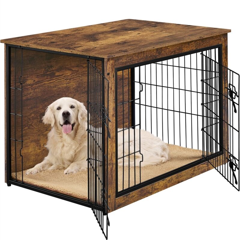 Cage pour Chien en Bois Cage pour Chiots Intérieur avec 2 Portes Grillagées à Double Serrure Niche Industriel avec Tapis Pelucheux Antidérapant 96 cm Cage pour Chien en Bois Cage pour Chiots Intérieur avec 2 Portes Grillagées à Double Serrure Niche Industriel avec Tapis Pelucheux Antidérapant 96 cm