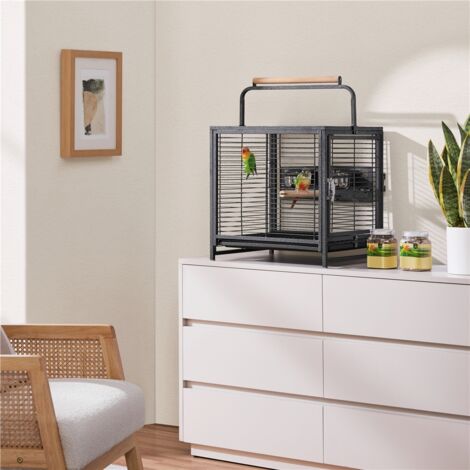 Yaheetech – Cage pour oiseau noir 48,5 x 39 x 65 cm – Fer forgé avec revêtement imperméable – Espacement des barres 1,5 cm – Avec perchoir en bois