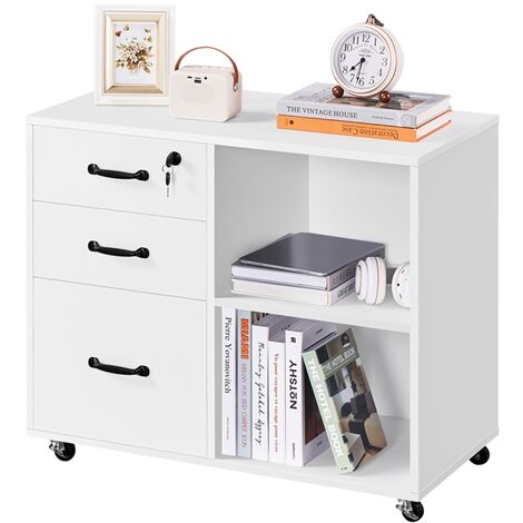 Yaheetech – Caisson de bureau à 3 tiroirs – Support imprimante mobile sur 5 roulettes – 1 tiroir verrouillable – Dimensions 80x40x65,5cm – Blanc