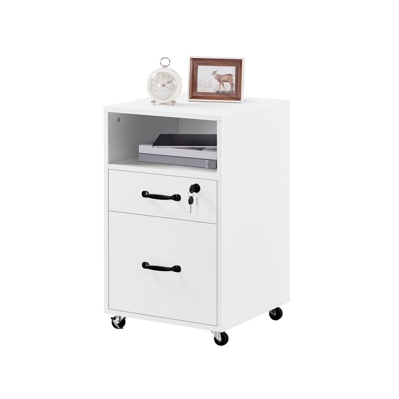 Caisson de Bureau sur roulettes à 2 Tiroirs, Meuble Rangement de doissier doucument, Compartiment Ouvert, 40 × 40 × 65,5 cm Blanc - Yaheetech