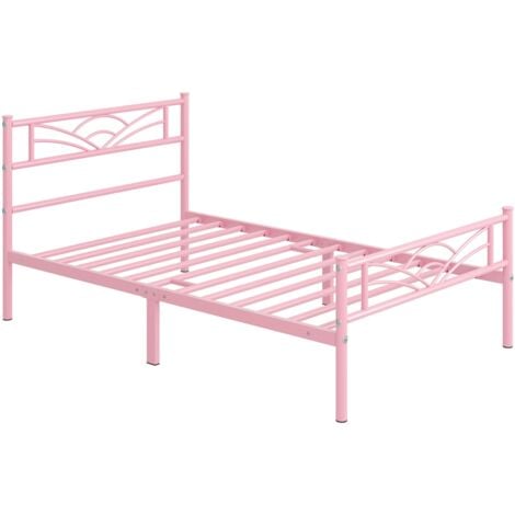 Yaheetech Cama Individual con Espacio Bajo Marco Metal Altura 32 cm Cama Individual con Cabecera para Colchón de 90 x 200 cm Rosa