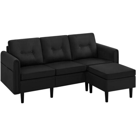 Yaheetech Canapé 3 Places avec Pouf Design Modern Canapé d’Angle Rembourré en Tissu pour Salon/Chambre/Bureau/Appartement Noir
