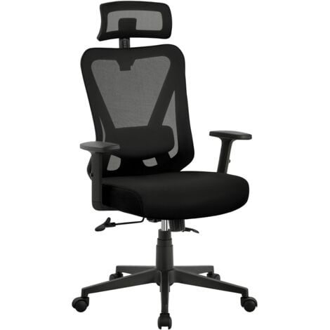 Yaheetech Chaise Bureau Ergonomique Fauteuil de Bureau en Maille Support Lombaire et Siège Inclinaible Appui-tête Accoudoirs Réglables Roulettes Pivotantes Charge 136 kg Noir