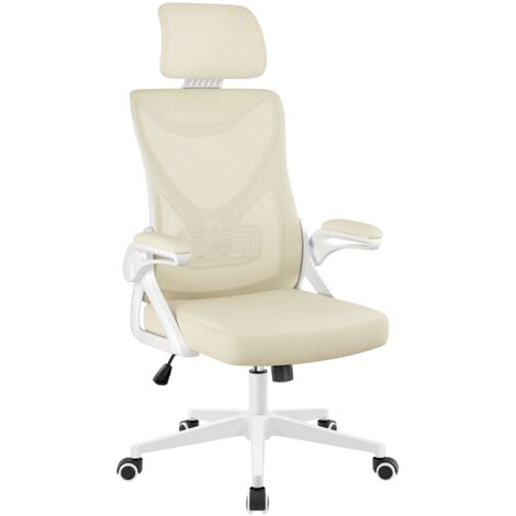 Yaheetech Chaise de Bureau en Maille avec à Haut Dossier avec Accoudoirs Relevables Appui-tête Support Lombaire Assise Réglable en Hauteur Charge Max 136 kg Beige