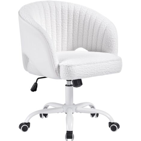 Yaheetech Chaise de Bureau en Tissu Bouclette et Similicuir Fauteuil Arrondi avec Dossier Capitonné à Canaux Fauteuil de Bureau à Roulettes Assise Réglable en Hauteur Chambre Bibliothèque Salon Blanc