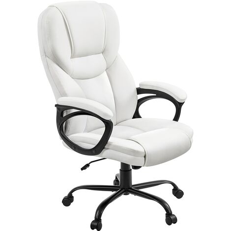 Yaheetech – Chaise de bureau ergonomique en similicuir blanc – Dossier haut avec support lombaire – Hauteur réglable 84-94 cm – Base en métal résistante