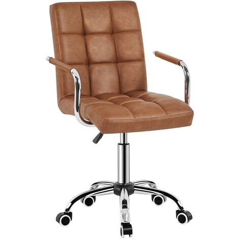 Yaheetech – Chaise de bureau ergonomique en similicuir brun – Hauteur réglable 49-63,5 cm – Inclinaison et support lombaire – Roulettes pivotantes