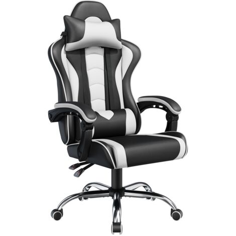 Yaheetech Chaise Gaming Massante Ergonomique Fauteuil Gamer Dossier avec Lombaire et Appui-tête Hauteur Réglable Similicuir Charge 136kg Noir/Blanc