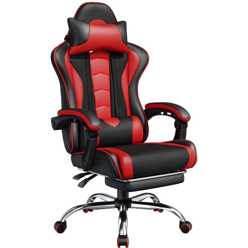 Yaheetech - Chaise Gaming Massante Ergonomique Fauteuil Gamer Dossier et Appui-tête Hauteur Réglable avec Repose-Pied Similicuir Charge 136kg