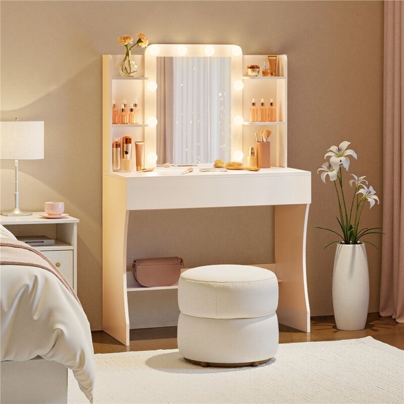 Yaheetech – Coiffeuse avec miroir LED 10 ampoules – Luminosité réglable 3 couleurs – 2 tiroirs et 6 étagères – Dimensions 40x90x135,5 cm – Surface