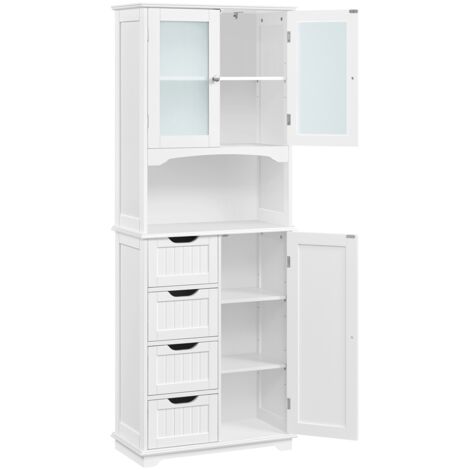 Yaheetech – Colonne de salle de bain rangement haute avec 4 tiroirs – Placard 2 portes en verre trempé – Étagère réglable – MDF blanc 63 × 30 × 165,5 cm