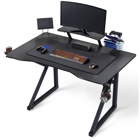   Computertisch Ergonomischer Gaming Tisch PC Tisch K-förmiger Schreibtisch mit Bechenhalter, Kopfhörerhalter und Mauspad Schwarz