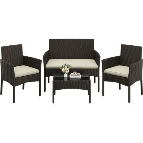 Yaheetech Conjunto de Muebles Ratán de Jardín 4 Piezas, 1 Sofá 2 Sillones con Cojines y 3 Mesa con Vidrio para Patio/Terraza/Balcón (Marrón/Beige)
