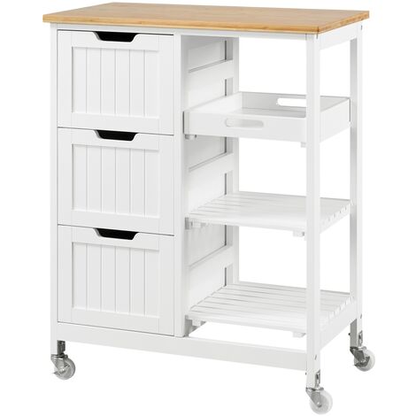 Yaheetech – Desserte de cuisine à roulettes avec 3 tiroirs et étagères – Plan de travail en bambou – Dimensions 67×37×84,5cm – Blanc