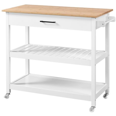 Yaheetech – Desserte de cuisine sur roulettes 101,5 x 51 x 92 cm – Plan de travail en hévéa – 1 tiroir et 2 étagères – Roues verrouillables