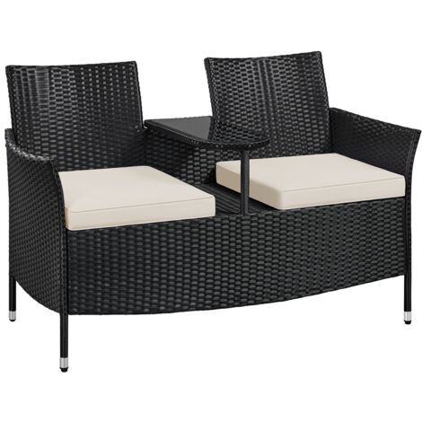 Yaheetech Divano da Giardino 2 Posti in Rattan PE, Poltrona con Portabicchieri in Vetro Temperato per Giardino Bordo Piscina Cortile Terrazza Nero/Beige