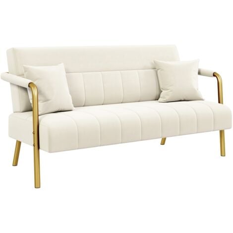 Yaheetech Divano Imbottito a 2 Posti in Velluto Divanetto da Salotto con Braccioli 143,5 cm × 71,5 cm × 75,5 cm Sofa Moderno con 2 Cuscini Divano per Soggiorno Camera da Letto Beige