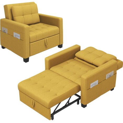 Yaheetech Divano Letto 3 in 1 Imbottito Divano Singolo con Schienale Regolabile Divano a 1 Posto per Soggiorno Camera da Letto Poltrona Pieghevole Ufficio Appartamento Giallo