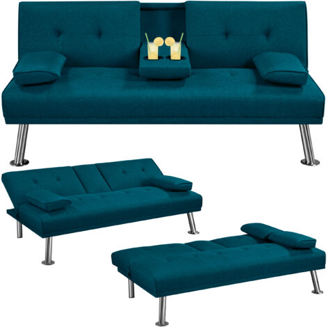Yaheetech Divano Letto con 2 Braccioli Staccabili Divano Trasformabile Mobile Imbottito a 3 Posti Divanetto Reclinabile da Salotto con Supporto Centrale Porta Bicchieri Blu Acqua/Tessuto