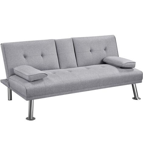 Yaheetech Divano Letto con 2 Braccioli Staccabili Divano Trasformabile Mobile Imbottito a 3 Posti Divanetto Reclinabile da Salotto con Supporto Centrale Porta Bicchieri Grigio Chiaro/Tessuto