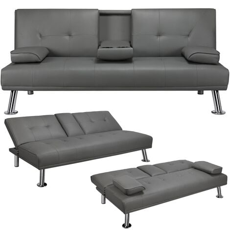 Yaheetech Divano Letto con 2 Braccioli Staccabili Divano Trasformabile Mobile Imbottito a 3 Posti Divanetto Reclinabile da Salotto con Supporto Centrale Porta Bicchieri Grigio/Finta Pelle