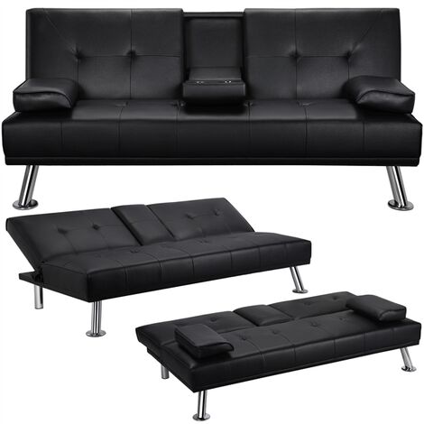 Yaheetech Divano Letto con 2 Braccioli Staccabili Divano Trasformabile Mobile Imbottito a 3 Posti Divanetto Reclinabile da Salotto con Supporto Centrale Porta Bicchieri Nero/Finta Pelle