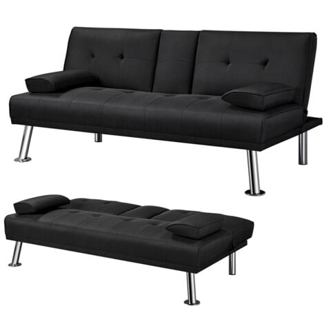 Yaheetech Divano Letto con 2 Braccioli Staccabili Divano Trasformabile Mobile Imbottito a 3 Posti Divanetto Reclinabile da Salotto con Supporto Centrale Porta Bicchieri Nero/Tessuto