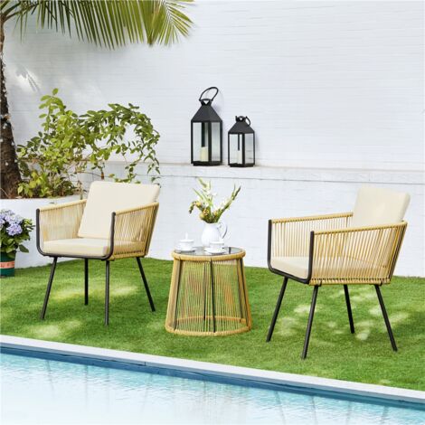 Yaheetech – Ensemble bistro 2 personnes en polyrotin – 2 fauteuils avec coussins – Table basse ronde en verre trempé – Résistant aux intempéries
