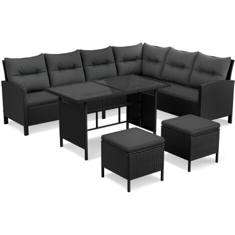 Yaheetech Ensemble de Chaises et Table Lot de Mobilier de Jardin 4 Pièces Canapés en Rotin Extérieur avec Table en Verre et Ottomans Meubles en Osier pour Balcon Terrasse Véranda Salon Noir/Gris