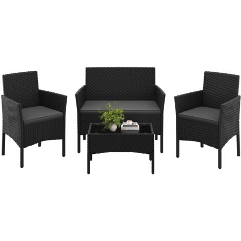 Yaheetech Ensemble de Salon de Jardin 4 Pièces Table en Polyrotin Extérieur Causeuse 2 Fauteuils avec Coussins pour Terrasse Balcon Véranda Noir/Gris