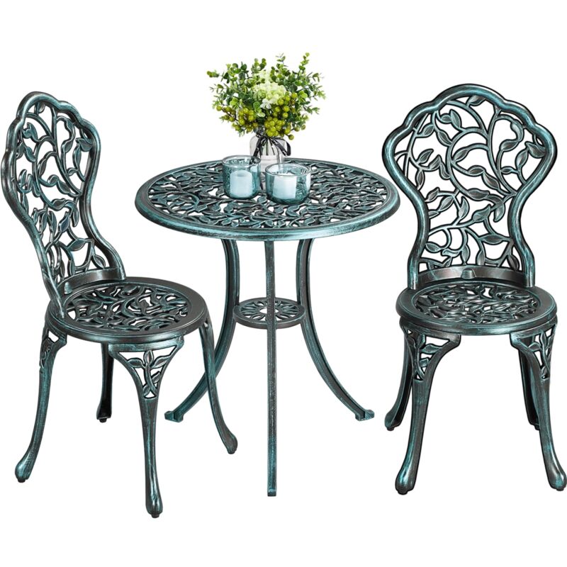Ensemble de Bistrot en Métal 3 Pièces Set Bistrot Design Vintage Feuillage Table de Jardin et 2 Chaises pour Terrasse Véranda Balcon Porche Cour Vert