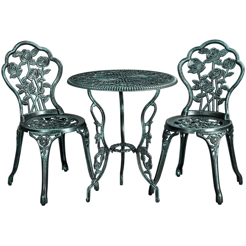 Ensemble de Bistrot 3 Pièces Table de Jardin et 2 Chaises en Métal avec Trou de Parasol Set Bistrot pour Terrasse Véranda Balcon Porche Cour Vert