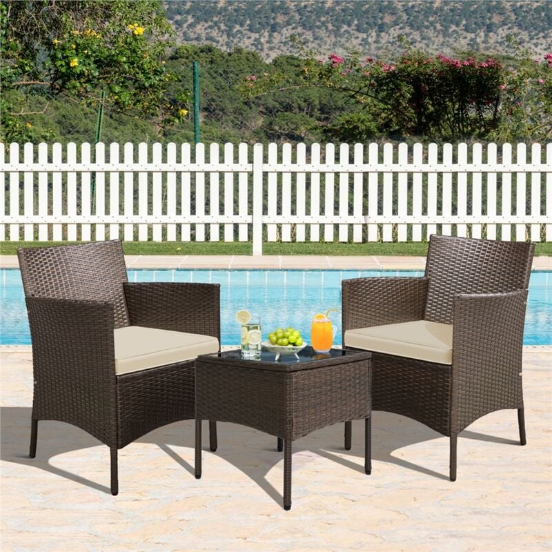 Yaheetech Ensemble Meubles de Jardin 2 fauteuils et 1 Table en rotin PE imperméable pour extérieur avec Coussins (Marron)