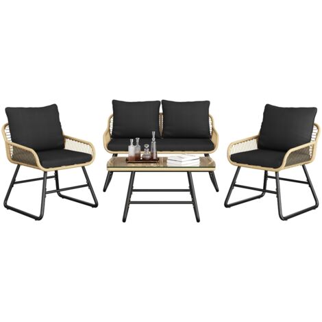 Yaheetech Ensemble Salon de Jardin 4 Pièces Tressé Set de 1 Canapé avec 2 Places 2 Fauteuils et Table d'Appoint en Verre Trempé Style Bohème pour Terrasse Balcon ou Patio Marron/Noir