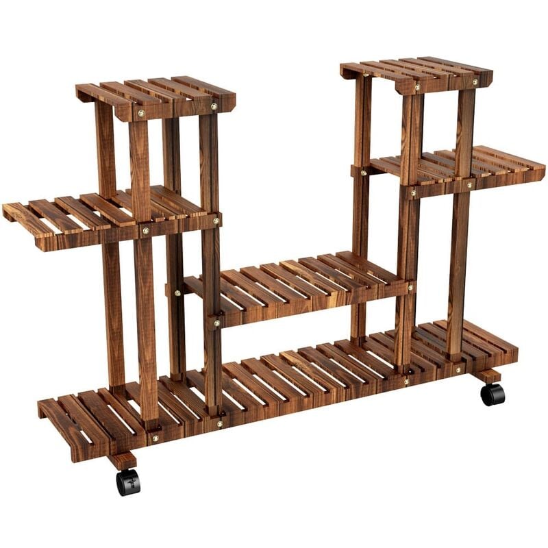 Tagère à Fleurs en Bois Porte Pots de Plante avec 6 Tablettes Supports de pots de fleurs à Roulettes pour intérieur et Balcon 124 x 33 x 80 cm