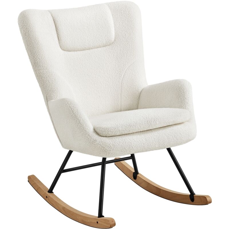 Yaheetech - Fauteuil à Bascule Scandinave à Haut Dossier Chaise à Bascule en Tissu Bouclé avec Pieds en Bois Massif de Hêtre Fauteuil d'appoint pour