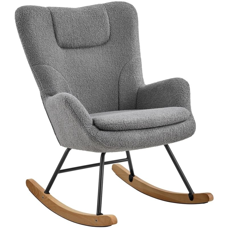 Yaheetech - Fauteuil à Bascule Scandinave à Haut Dossier Chaise à Bascule en Tissu Bouclé avec Pieds en Bois Massif de Hêtre Fauteuil d'appoint pour