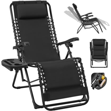 Yaheetech Fauteuil de Jardin Zéro Gravité Extérieur Chaise Longue Pliable pour Terrasse avec Porte-gobelet Oreiller 64 cm Large Noir