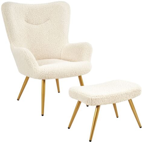 Yaheetech Fauteuil de Salon avec Repose-pieds en Tissu Bouclette Fauteuil à Oreilles Design Elégant Pieds Dorés en Métal pour Chambre Bureau Blanc