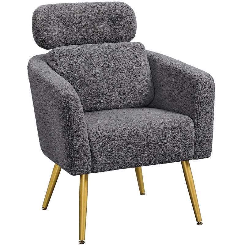 Yaheetech - Fauteuil de Salon en Tissu Bouclette Fauteuil Arrondi Scandinave avec Appui-tête Réglable en Hauteur Coussin Lombaire pour Bureau Chambre