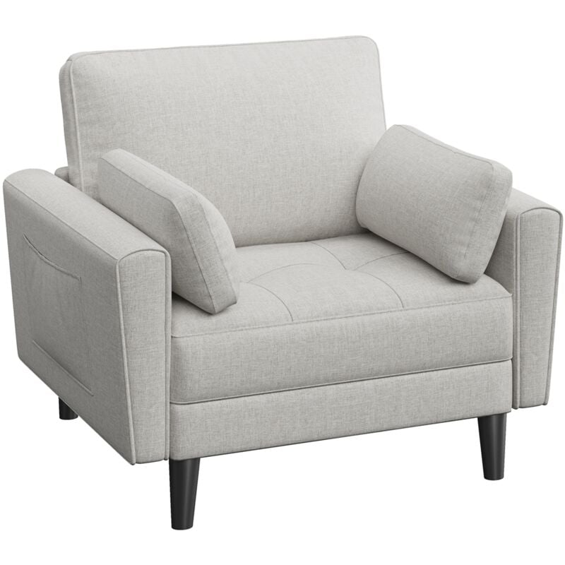 Fauteuil de Salon Moderne avec Accoudoir et Poches Fauteuil Relax avec Coussins Pied Bois Fauteuil Chambre en Tissu pour Salon Grège - Yaheetech