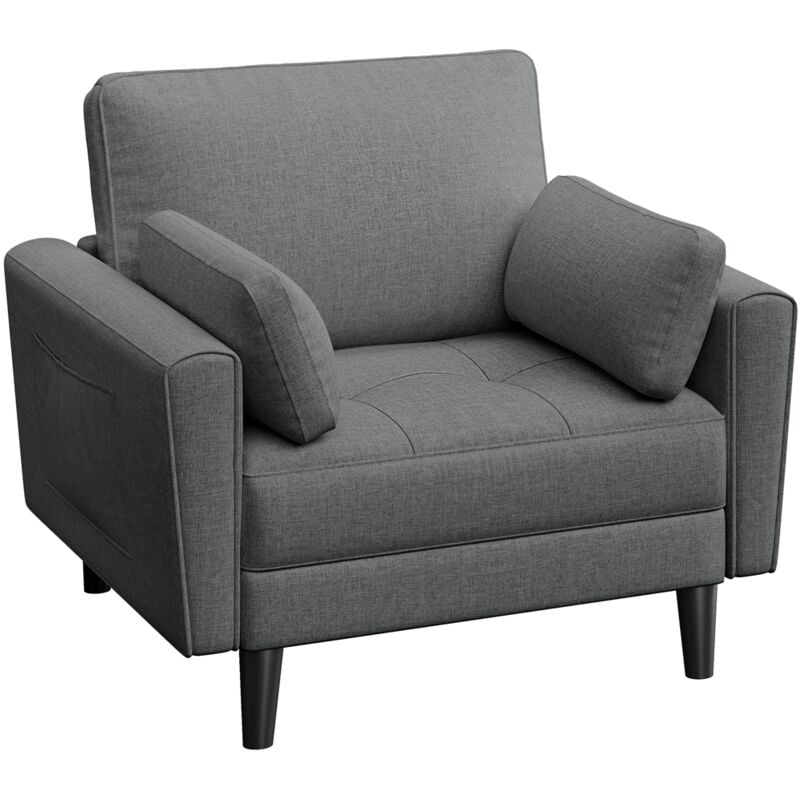 Yaheetech - Fauteuil de Salon Moderne avec Accoudoir et Poches Fauteuil Relax avec Coussins Pied Bois Fauteuil Chambre en Tissu pour Salon Gris Foncé