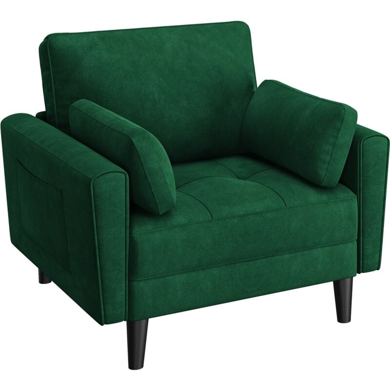 Fauteuil de Salon Moderne avec Accoudoir et Poches Fauteuil Relax avec Coussins Pied Bois Fauteuil Chambre en Tissu pour Salon Vert - Yaheetech