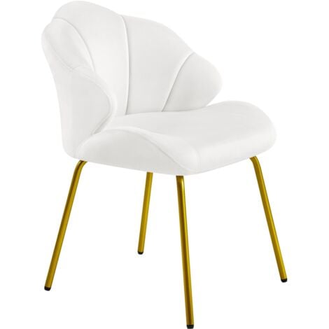 Yaheetech Fauteuil de Salon Moderne, Design Coquillage, Chaise de Chambre à Coucher Confortable, Rembourré, Ergonomique, Fauteuil en Velours avec Dossier, Pieds en Métal Plaqué Or Blanc